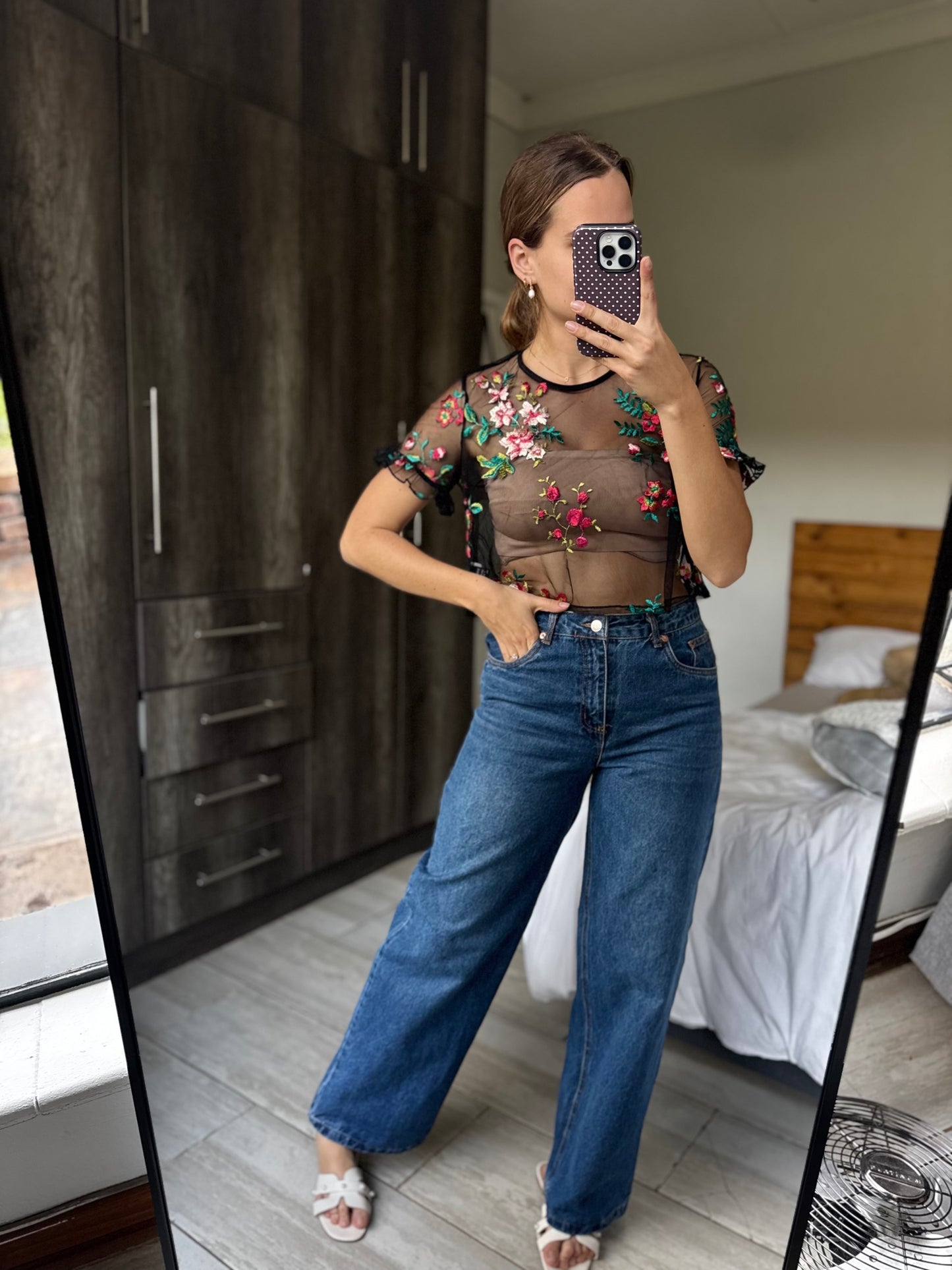 Black floral sheer top (K)