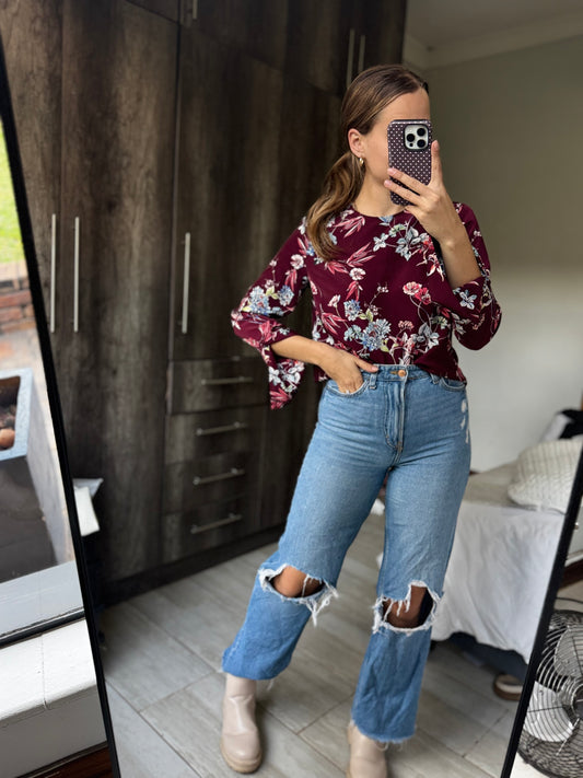 Woolworths maroon floral top (AA)