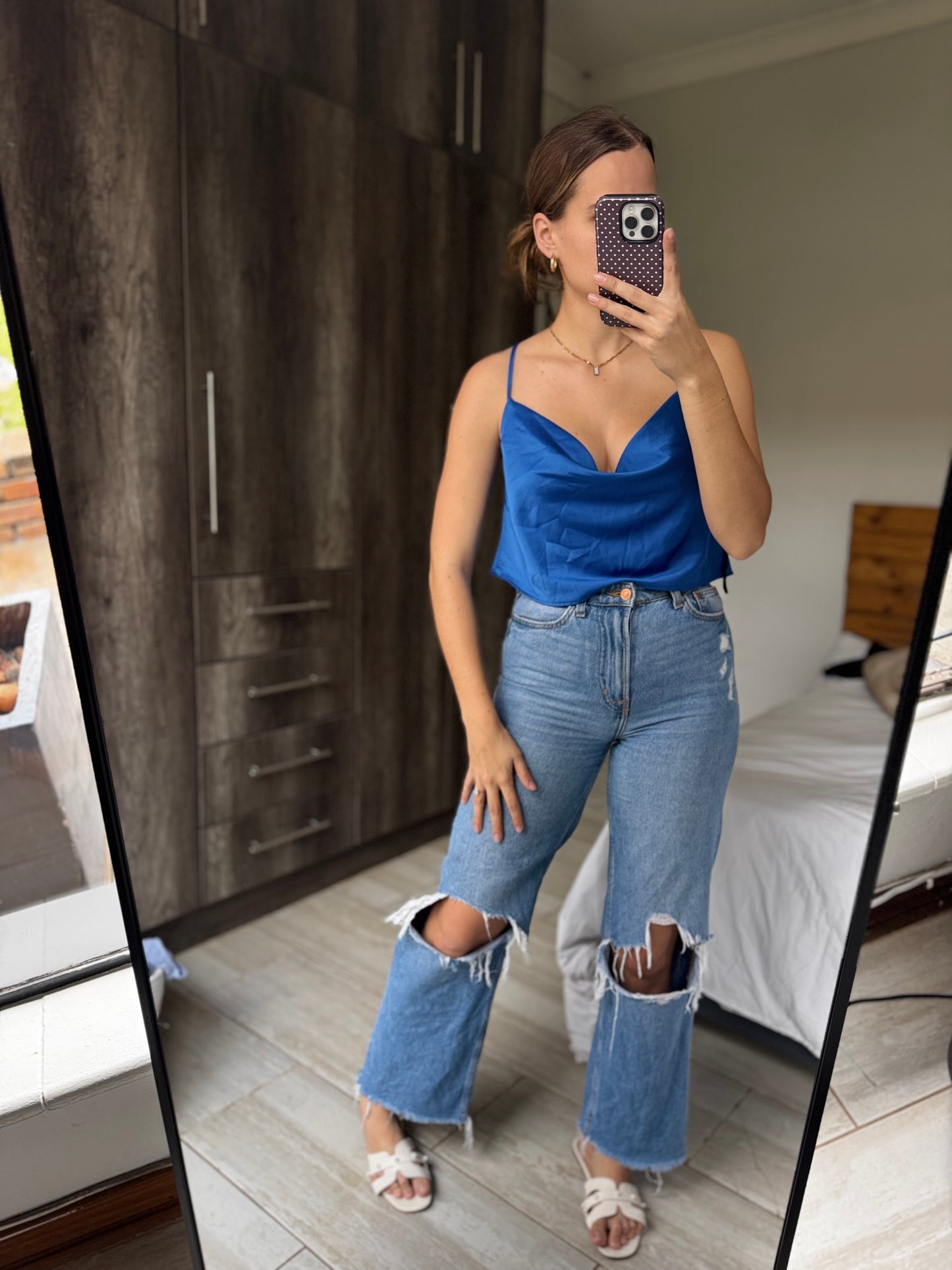 Brand New blue silky top (L)