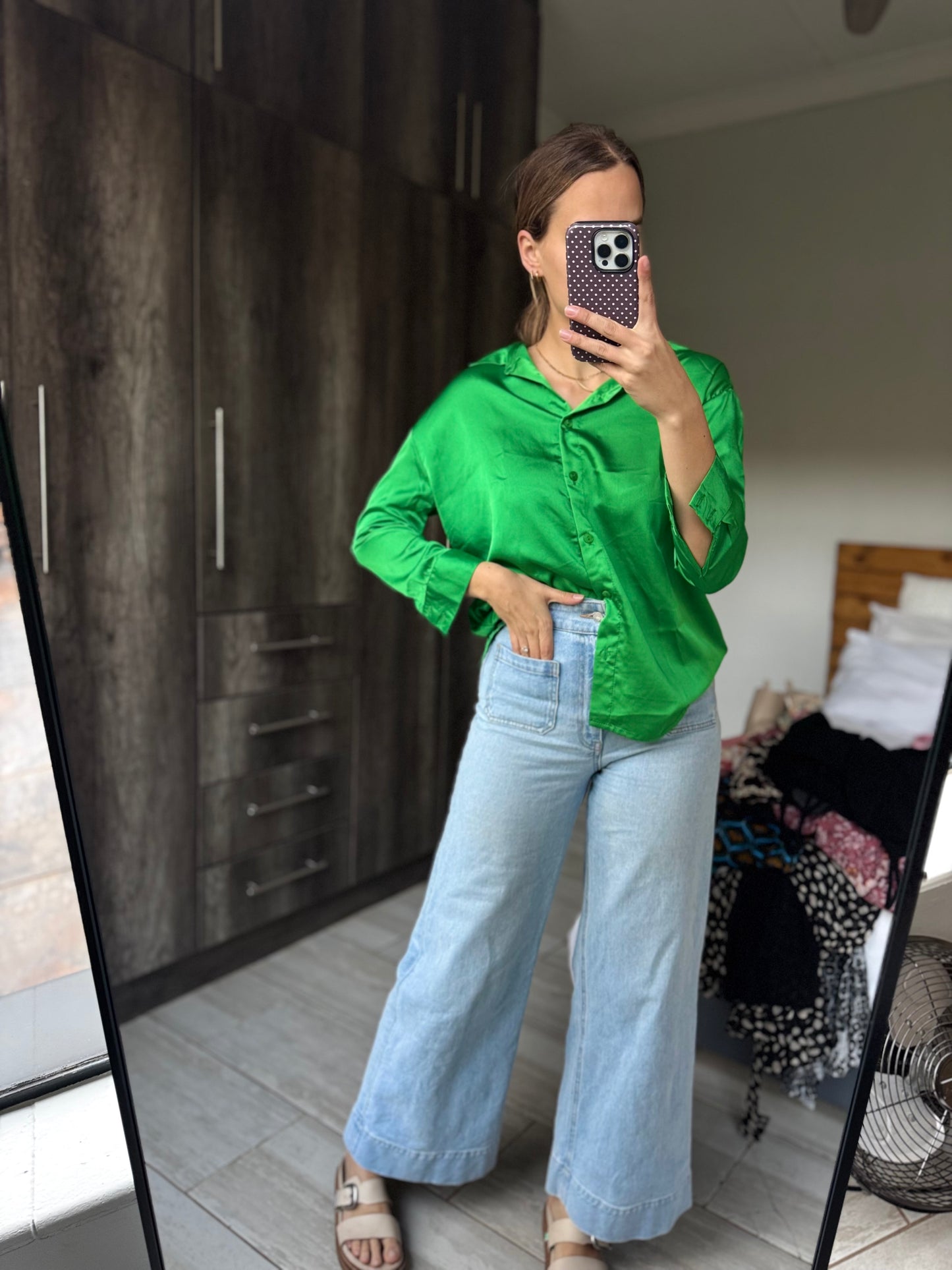 Green silky button down (B)