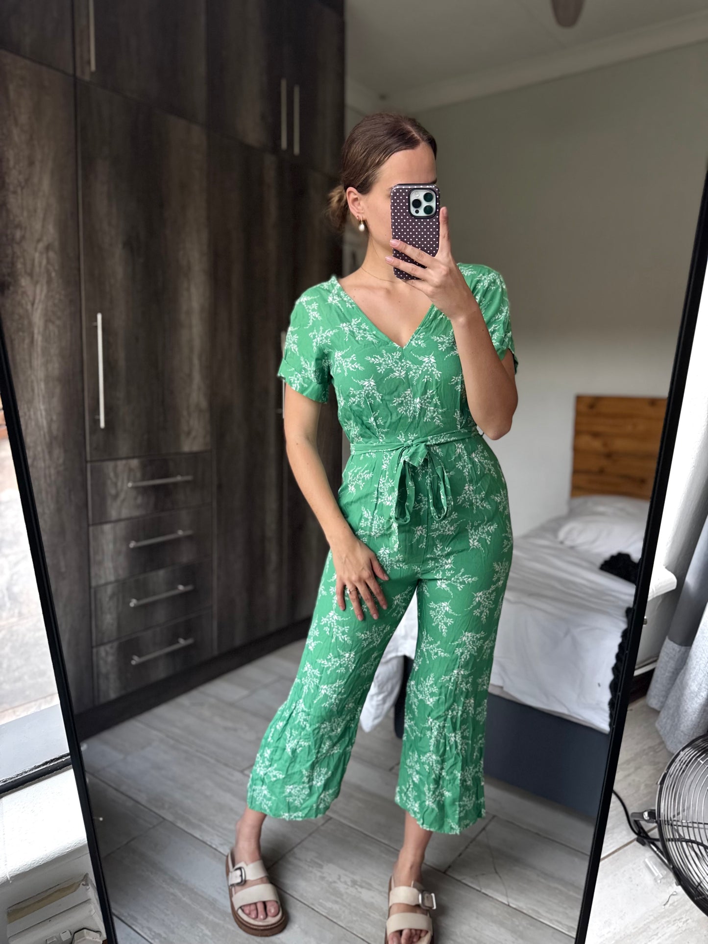 Old Khaki green floral jumpsuit (Q)