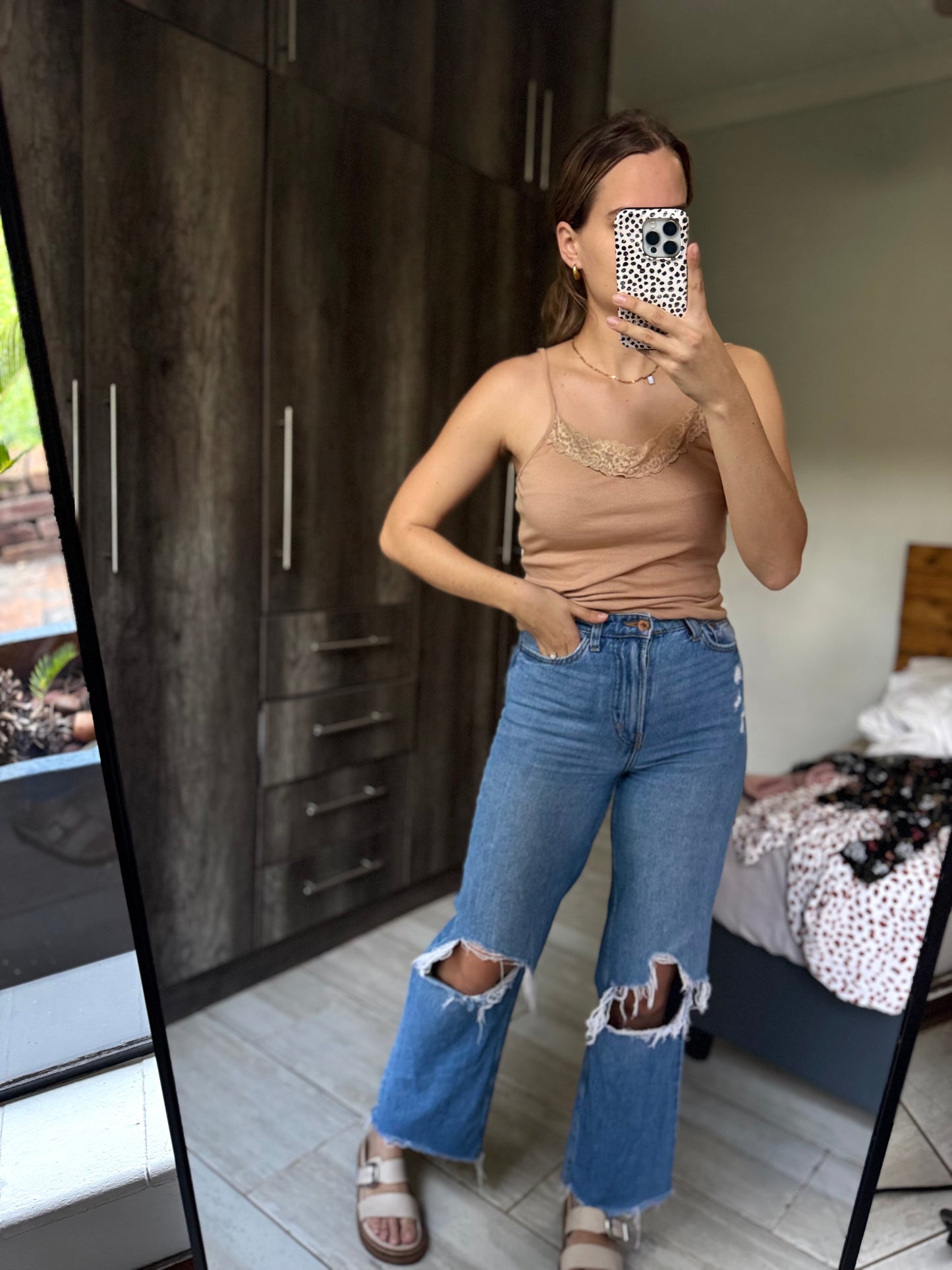 Brown ribbed lace top (W)