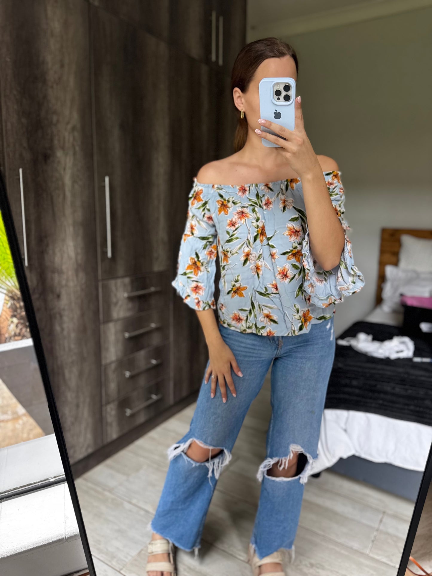 Woolworths blue floral top (W)