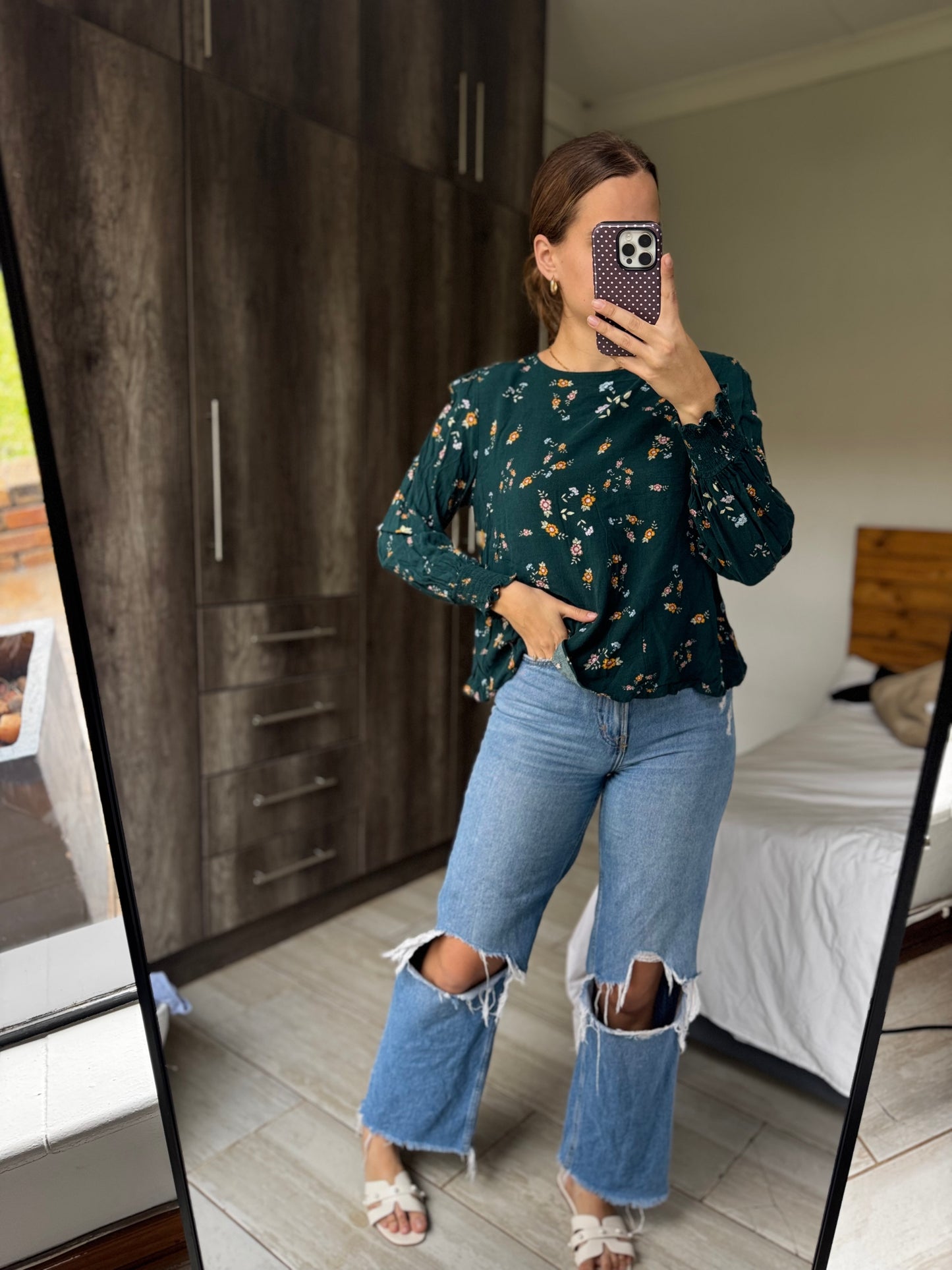 Woolworths green floral top (L)