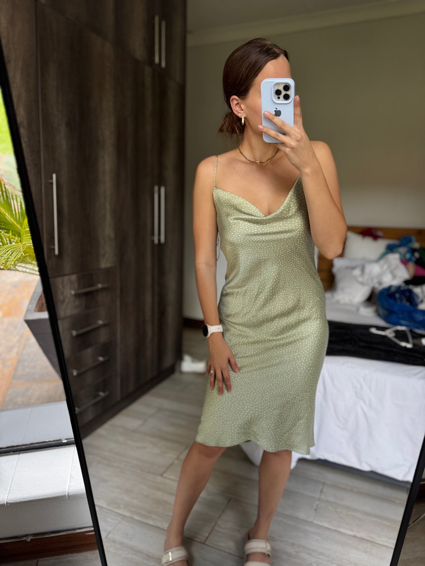 Green silk Woolworths floral dress (II)